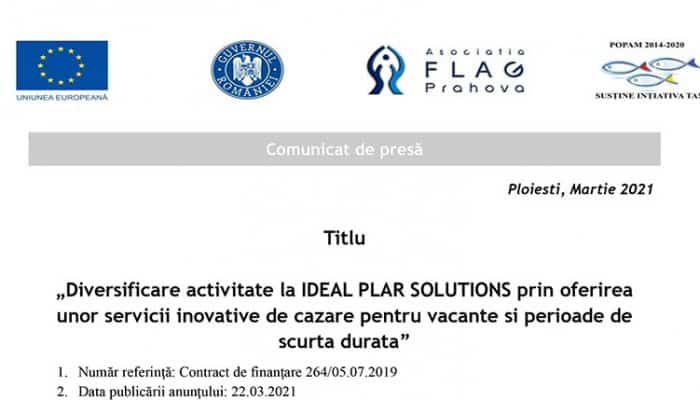 Comunicat de presă: Diversificare activitate la IDEAL PLAR SOLUTIONS prin oferirea unor servicii inovative de cazare pentru vacante si perioade de scurta durata